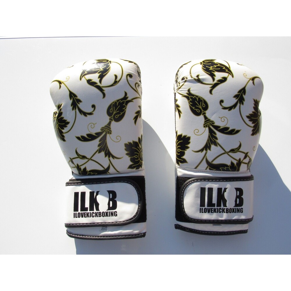 ILOVEKICKBOXING 16oz White Black Gold Floral Kickboxing Boxing Training Gloves